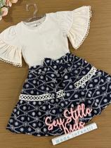 Conjunto Infantil Animê Verão Saia Bordada e Blusa