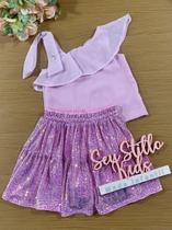 Conjunto Infantil Animê Verão Saia Paetê e Blusa Rosa