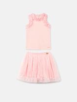 Conjunto Infantil Animê Verão Saia Rosa Tule e Blusa Rosa Babado