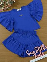 Conjunto Infantil Animê Verão Shorts e Blusa Azul com Strass