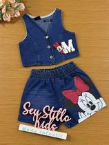 Conjunto Infantil Animê Verão Shorts e Colete Jeans Minnie Disney