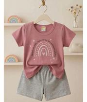 Conjunto Infantil Arco Íris Menina Camiseta Rosa + Short Cinza Roupa Infantil Feminina Conjunto