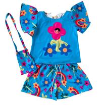 Conjunto Infantil Azul Flor Rosa menina - Kimimo Kids Conjunto Infantil Azul Flor Rosa menina - Kimimo Kids