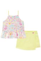 Conjunto Infantil Bata Alça em Air Flow Flamingos e Shorts-saia em Sarja com Elastano - Kukiê Conjunto Infantil Bata Alça em Air Flow Flamingos e Shorts-saia em Sarja com Elastano - Kukiê