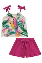 Conjunto Infantil Bata em Malha Fresh Estampa Casal Araras Floral e Shorts em Savana Babados Flora By Infanti