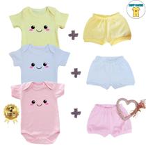 Conjunto infantil bebê 6 peças body e tapa fralda bebe manga curta neném feliz menina rosa branco amarelo malha suedine algodão - bodymania