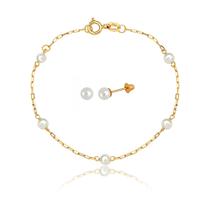 Conjunto Infantil Bebê de Ouro 18k Pulseira e Brinco Pérola Natural