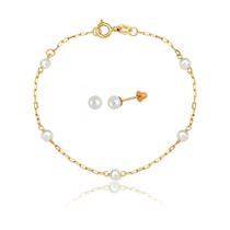 Conjunto Infantil Bebê de Ouro 18k Pulseira e Brinco Pérola Natural Conjunto Infantil Bebê de Ouro 18k Pulseira e Brinco Pérola Natural