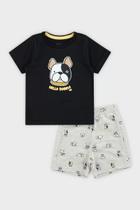 Conjunto Infantil Bebê Menino Algodão Camisa Manga Curta Estampa Bulldog E Bermudinha