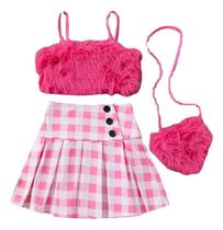 Conjunto Infantil Bebê Moda Blogueirinha Saia e Top Temático da Barbie Rosa + Bolsa