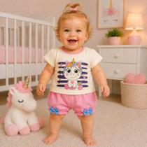 Conjunto Infantil Bebê Unicórnio Blusinha + Short Balonê com Laços Fofo RN a 03 M -