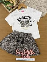 Conjunto Infantil Belime Verão com Saia Onça e Blusa Branca Brooklyn