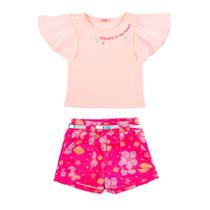 Conjunto Infantil Bermuda com Cinto e Blusa Manga com Babado