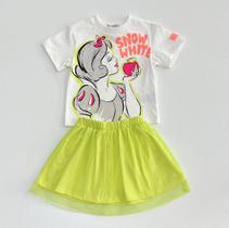 Conjunto Infantil Bimbi Menina Branca de Neve Blusa Estampada Saia Tule Neon Festa Casual Moda Kids Princesa