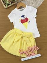 Conjunto Infantil Bimbi Verão com Saia Balonê Amarela e Blusa Branca Sorvetinho Conjunto Infantil Bimbi Verão com Saia Balonê Amarela e Blusa Branca Sorvetinho