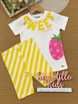Conjunto Infantil Bimbi Verão com Shorts Ciclista Listrado e Blusa Branca Sweet Conjunto Infantil Bimbi Verão com Shorts Ciclista Listrado e Blusa Branca Sweet