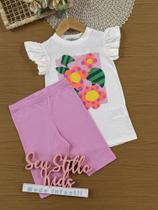 Conjunto Infantil Bimbi Verão com Shorts Ciclista Rosa e Blusa Branca Floral