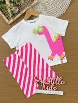 Conjunto Infantil Bimbi Verão com Shorts Ciclista Rosa Listrado e Blusa Branca Dino Conjunto Infantil Bimbi Verão com Shorts Ciclista Rosa Listrado e Blusa Branca Dino