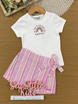 Conjunto Infantil Bimbi Verão com Shorts Saia Colorido e Blusa Branca Arco-íris