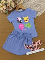 Conjunto Infantil Bimbi Verão com Shorts Saia e Blusa Azul Animais
