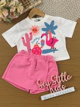 Conjunto Infantil Bimbi Verão com Shorts Saia Rosa e Blusa Branca Flamingo Tropical Conjunto Infantil Bimbi Verão com Shorts Saia Rosa e Blusa Branca Flamingo Tropical