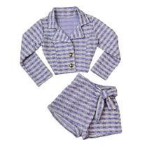 Conjunto Infantil Blazer Short Saia Xadrez Tweed Moda Kids