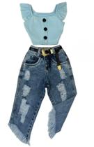 Conjunto Infantil Blogueirinha Cropped Calça Jeans Moda Luxo Conjunto Infantil Blogueirinha Cropped Calça Jeans Moda Luxo