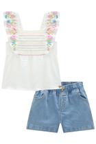 Conjunto Infantil Blusa Bata em Polylin Alça Babados Flores e Shorts em Jeans Bellini Floral by Infanti