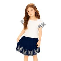Conjunto Infantil Blusa Bata Tricoline Branco e Saia Linho Azul Marinho Milon Conjunto Infantil Blusa Bata Tricoline Branco e Saia Linho Azul Marinho Milon