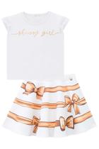 Conjunto Infantil Blusa Boxy e Saia Rodada Estampa Laço Dourado - Infanti