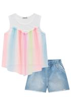 Conjunto Infantil Blusa Boxy em Canelado e Tule Coloridos Neon e Shorts em Jeans Arkansas - Infanti Conjunto Infantil Blusa Boxy em Canelado e Tule Coloridos Neon e Shorts em Jeans Arkansas - Infanti