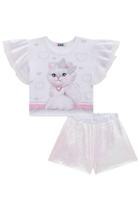 Conjunto Infantil Blusa Boxy em Cotton Gatinha Fofa e Shorts em Paetê Furta-cor - Festas Kukiê Conjunto Infantil Blusa Boxy em Cotton Gatinha Fofa e Shorts em Paetê Furta-cor - Festas Kukiê