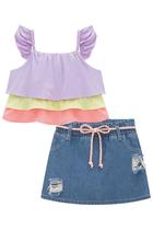 Conjunto Infantil Blusa Boxy em Crepe Span Três Marias com Shorts-saia em Jeans Arkansas - Infanti