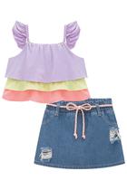 Conjunto Infantil Blusa Boxy em Crepe Span Três Marias com Shorts-saia em Jeans Arkansas - Infanti Conjunto Infantil Blusa Boxy em Crepe Span Três Marias com Shorts-saia em Jeans Arkansas - Infanti
