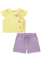 Conjunto Infantil Blusa Boxy em M. Malha Aplicação de Borboletas em Organza e Shorts em Moletom s/Pelúcia Strass Princes