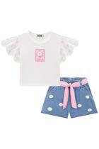 Conjunto Infantil Blusa Boxy em Malha Elastic Manga em Laise e Shorts Jeans Liz c/Aplique de Flor - Kukiê