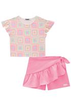 Conjunto Infantil Blusa Boxy Estampada e Short Saia em Malha Wave - Kukiê Conjunto Infantil Blusa Boxy Estampada e Short Saia em Malha Wave - Kukiê