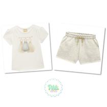 Conjunto Infantil Blusa Cotton Shorts Moletom c/ Lurex Off White/Mescla Gelo