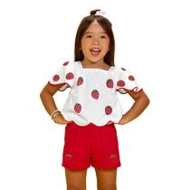 Conjunto Infantil Blusa Cropped Branca Moranguinhos e Short Vermelho Nanai Conjunto Infantil Blusa Cropped Branca Moranguinhos e Short Vermelho Nanai