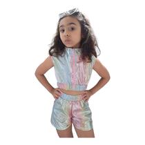 Conjunto Infantil Blusa Cropped e Shorts Metalizado Holográfico