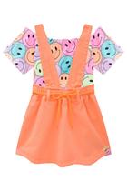Conjunto Infantil Blusa Cropped em Canelado Maiu Carinhas Coloridas e Salopete em Sarja - Infanti