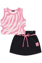Conjunto Infantil Blusa Cropped em Canelado Zebrada com Shorts-saia em Moletom s/ Pelúcia - Infanti