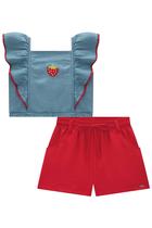 Conjunto Infantil Blusa Cropped em Jeans Liz Moranguinho em Crochê e Shorts em Air Flow Textura Festas- Kukiê