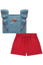 Conjunto Infantil Blusa Cropped em Jeans Liz Moranguinho em Crochê e Shorts em Air Flow Textura Festas- Kukiê Conjunto Infantil Blusa Cropped em Jeans Liz Moranguinho em Crochê e Shorts em Air Flow Textura Festas- Kukiê