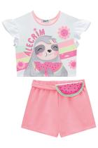 Conjunto Infantil Blusa Cropped em M. Malha Bicho Preguiça Fofo c/Melancia e Shorts em Molevisco Pochete Melancia Alecri