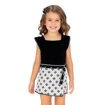 Conjunto Infantil Blusa Cropped Ribana Preta e Short Saia Branco Milon Conjunto Infantil Blusa Cropped Ribana Preta e Short Saia Branco Milon