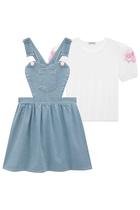 Conjunto Infantil Blusa em Canelado Maui Rosas c/Aplique de Pérolas e Salopete em Jeans Liz Coração Princess by Infanti