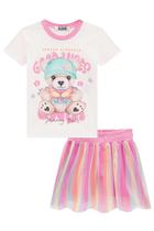 Conjunto Infantil Blusa em Canelado Ursinho e Saia em Tela Colorida - Kukiê Conjunto Infantil Blusa em Canelado Ursinho e Saia em Tela Colorida - Kukiê