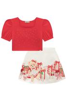 Conjunto Infantil Blusa em Cotton c/Strass e Saia em Super Cetim c/Shorts Natal Princess by Infanti