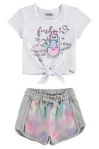 Conjunto Infantil Blusa em Malha Estampa de Tênis Divertido e Nó Frontal Shorts em Moletom e Aplique de Paetês Tie Dye - Conjunto Infantil Blusa em Malha Estampa de Tênis Divertido e Nó Frontal Shorts em Moletom e Aplique de Paetês Tie Dye -